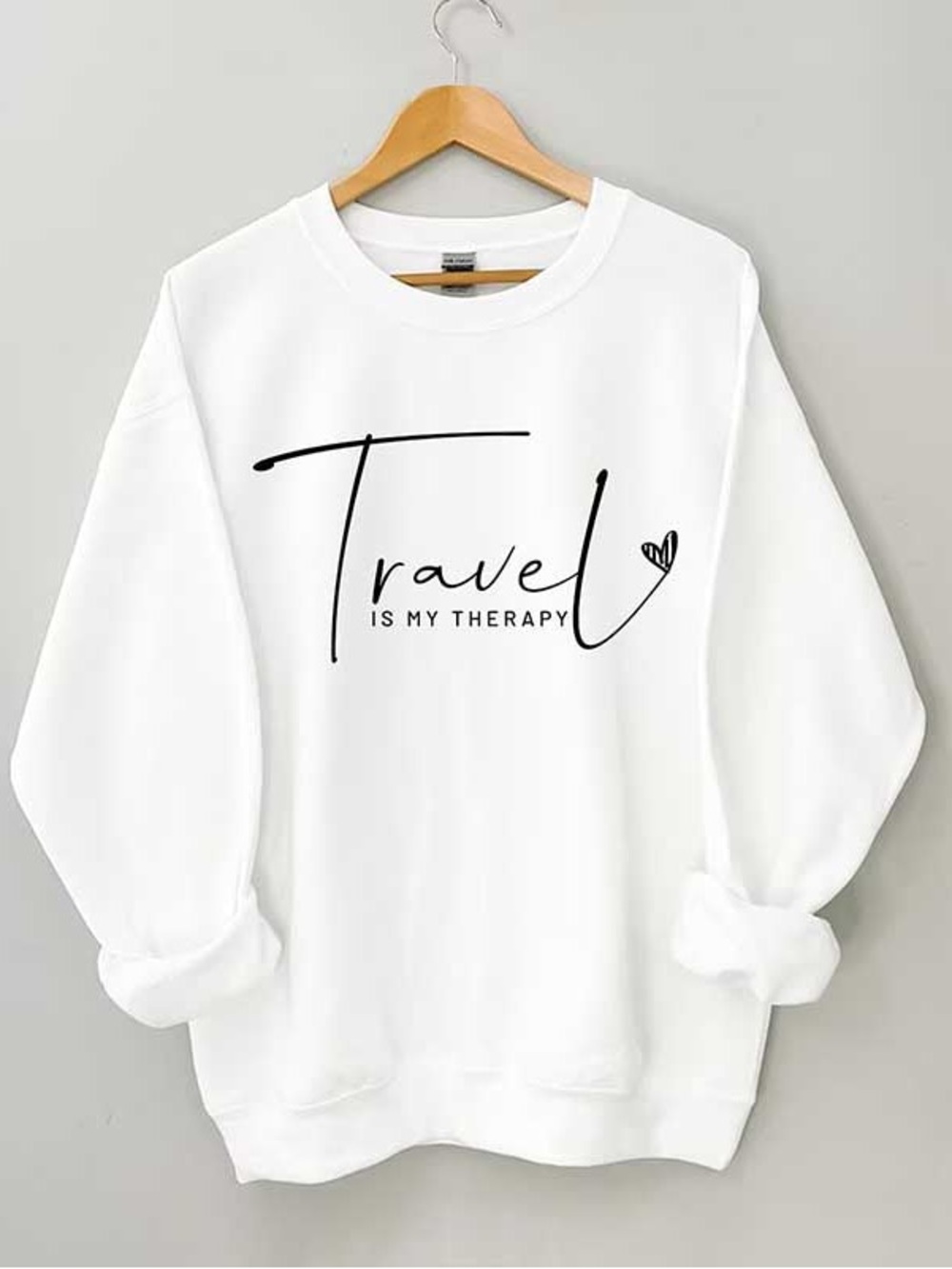 Gildan White Sweatshirt with Black "Travel is My Therapy" Script Size Small
